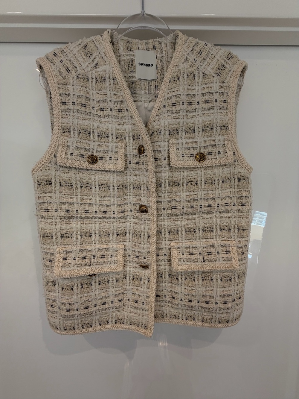 Sandro Cream Bouclé Tweed Pocket Vest with Gold Buttons